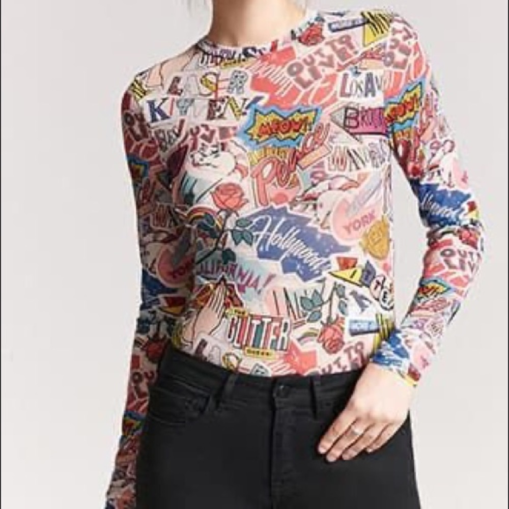 Forever 21 Rare Laser Kitten Graffiti Bodysuit